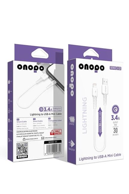 iPhone Uyumlu Lightning to USB Mini Kablo 3.4A Hızlı Şarj ve Data Kablosu 30CM - Q3 | 3.4A Hızlı Şarj | 480Mbps Veri Transferi | Kompakt Tasarım | 2 Yıl İthalatçı Garantisi