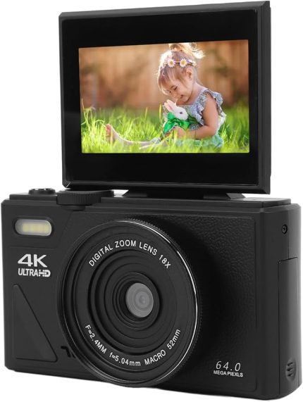 Dijital Kamera, 64 MP UHD 18x Zoom Otomatik Odaklamalı Retro Kompakt Kamera Seyahat Fotoğrafçılığı Için 7,6 Cm (3 inç) Döndürülebilir Ekranlı Dijital Zoom (BLACK)