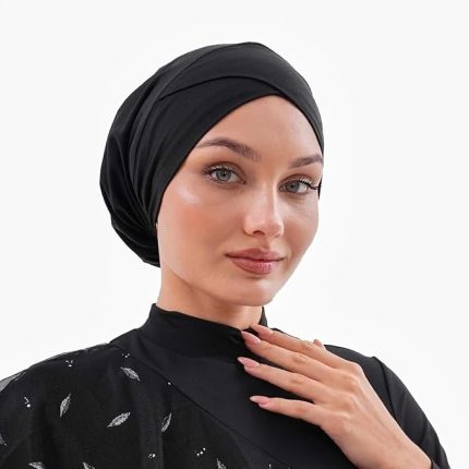 Kadın Siyah Tesettür Çapraz Yüzücü Bone - Deniz Havuz Spor Bone - Günlük Kullanım İçin Arkası Lastikli ve Bağlamalı Boynu Açık Tesettür