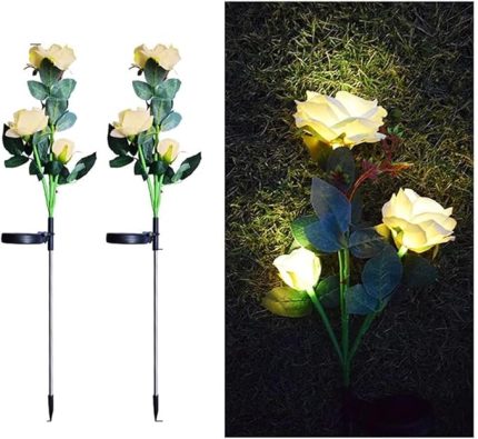 2 Adet Solar Güneş Enerjili, Sarı Gül Dalı, Gerçekliği Artırılmış, Bahçe Aydınlatması, Patika, Veranda, Balkon, Havuz Kenarı, Peyzaj Süslemeleri İçin,Su Geçirmez, Beyaz Led, 80 CM Büyük Boy