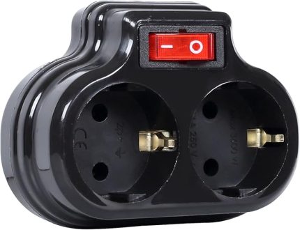 2'li Anahtarlı Golyat, İkili Topraklı Priz Çoklayıcı Fiş, Siyah renk, 16A 250 Volt, Max 3600 Watt (Siyah)