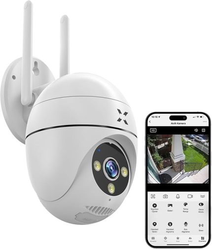 Smart Dış Mekan Wi-Fi Güvenlik Kamerası, 350° Hareket Tespiti/Takibi, FHD Video, IP65 Su Geçirmez, Gece Görüşü, Çift Yönlü Ses, Bulut/Yerel Depolama, Dahili Siren ve Led Aydınlatma X7266
