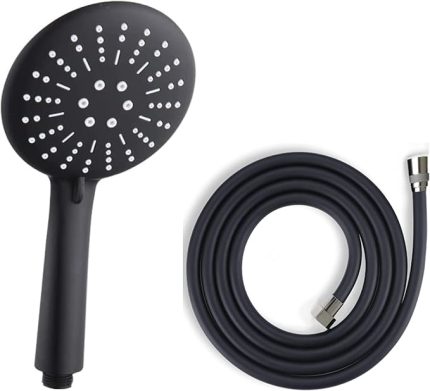 Matte Black Lüks Duş Seti - 3 Farklı Püskürtmeli Full Mat Siyah Kaplama El Duşu + 150 cm Siyah PVC Duş Spirali - Paslanmaz, Kopmaz, Kırılmaz Çelik Bağlantılı PVC Duş Hortumu (2'li Set)