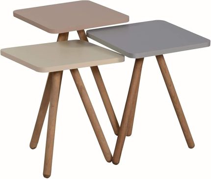 Renkli Üçlü Zigon Sehpa Ahşap Ayaklı Kare Pastel Tasarım Gri Krem Cappuccino