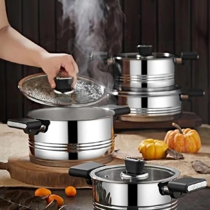 1129 Silindir Paslanmaz Çelik Tencere Seti - Cam Kapaklı Tencere Takımı - 8 Parça