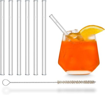 cam pipet, kısa, 6 adet, düz, 15 cm, pipet seti, tekrar kullanılabilir + plastik içermeyen temizlik fırçası, kokteyl bardakları, çocuk bardakları için cam pipetler, Smoothie pipetleri