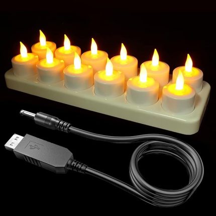 Şarj edilebilir LED mum, 12 adet elektrikli LED çaydanlık mumu, şarj istasyonu ve USB kablosu ile şarj edilebilir, sıcak sarı, masa, oda, cadılar bayramı, Noel dekorasyonu için (uzaktan