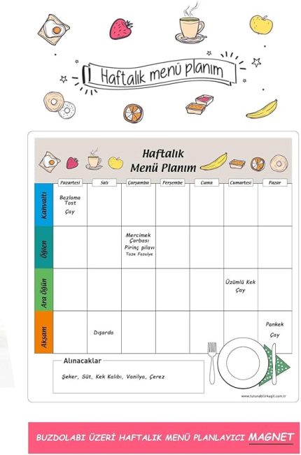 Kağıt Haftalık Menü Planlayıcı Magnet Mıknatıslı Yazı Tahtası Buzdolabı Magneti Pano 30x30 Cm + Kalem
