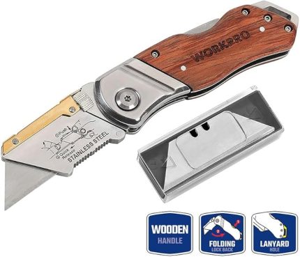 WP211014 Ağır Hizmet Paslanmaz Çelik/Ahşap Gövde Katlanır Rötuş Maket Bıçağı + 10 Adet Yedek Bıçak