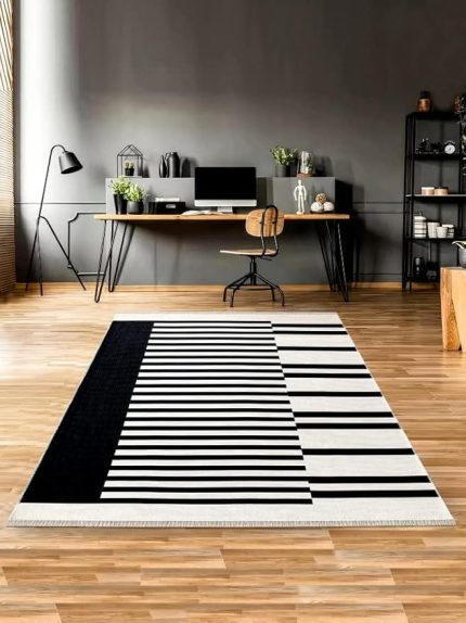 HOME Karesse 134 Siyah Kilim – Yıkanabilir, Modern, Çift Taraflı Halı | 7 Farklı Boyut | Salon, Yatak Odası, Mutfak ve Antre için Şık Dekoratif Halı-Kilim (60x100)