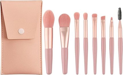 Makyaj Fırça Seti, PU Çanta ile 8 ADET Seyahat Kozmetik Fırça SetiMini Boyut Taşınabilir Yumuşak Makyaj Fondöten Göz Farı Yüz Gözler Kızlar ve Kadınlar için Kozmetik Araçları (Mercan Pembesi)