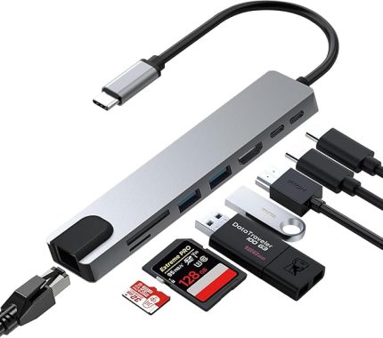 Macbook Pro Air İçin USB Type-C Hub Dönüştürücü 8 in 1 Çoklayıcı - HDMI, 2 Adet USB 3.0, 2 Adet USB C, SD/MicroSD, Ethernet - Çevirici 8li Port USB C Adaptör Bağlantı Noktası Ara Kablo