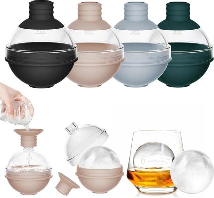 Viski ve Kokteyller için Huni Kapaklı Büyük Buz Topu Kalıpları - İçecekler, Burbon ve Şarap için Büyük Küre Buz Küpü Tepsileri, Dondurucu için Silikon Yuvarlak Buz Makinesi (4'lü Set) - Yeniden