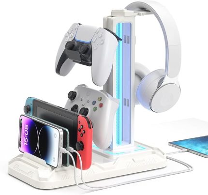 Telefon Tutuculu Kulaklık Standı - 9 Işık Modlu Çıkarılabilir Kontrol Cihazı Tutacağı - USB Şarj Portlu Dönebilen Kulaklık Askısı - Oyun Bilgisayarı Aksesuarlarının Saklanması için Kulaklık