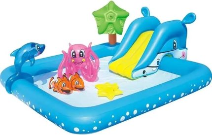 Büyük Şişme Havuz - Fıskiyeli Su Fışkırtma Özelliği, Kaydıraklı ve Sevimli Hayvanlar ile Eğlenceli Oyun Alanı, 2.39 Metre Genişliğinde, Bebekler ve Çocuklar İçin Kaydıraklı Şişme Havuz