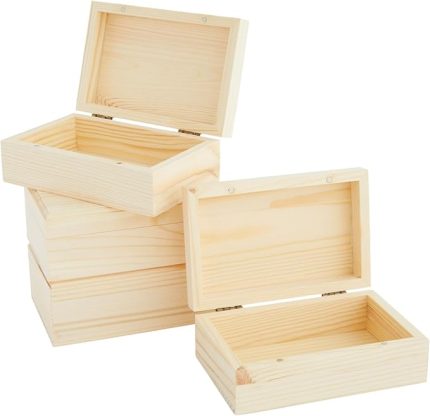 Creations -Kapaklı ahşap kutular, Tinkering için tedavi edilmemiş ahşaptan yapılmış 4 dik saklama kutusu, her biri 14 x 9 x 5 cm