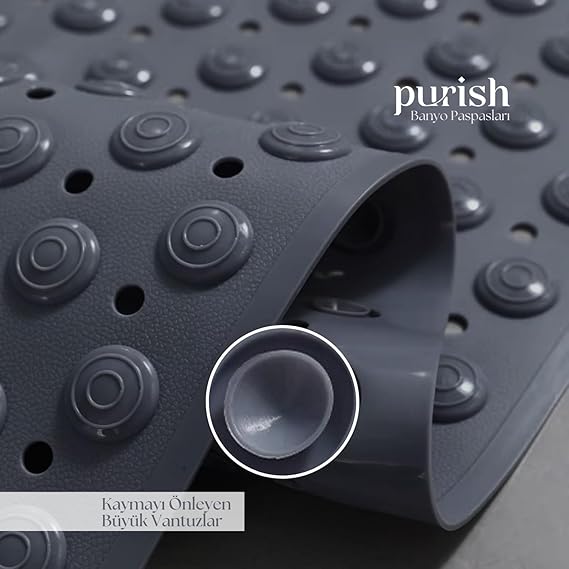 | Kaymaz Banyo Paspası | Antrasit Gri | 69,5x36cm – Dikdörtgen Duş Matı, Küvet Paspası | Güçlü Vantuzlu, Su Tahliyeli, Masaj, Fırçalı | Makinede Yıkanabilir | Kaydırmaz Zemin Matı - Görsel 3