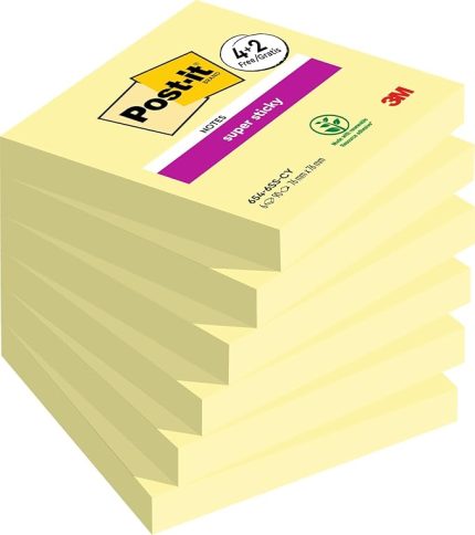 Super Sticky Notes kanarya sarısı, 6 bloklu paket, blok başına 90 yaprak, 76 mm x 76 mm, Renk: Sarı - Notlar, yapılacaklar listeleri ve hatıralar için ekstra güçlü yapışkan not kağıdı