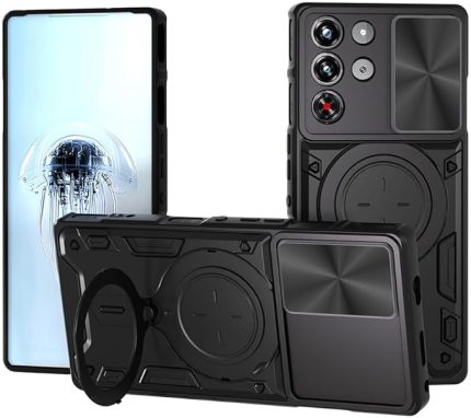 ZTE nubia RedMagic 10 Pro için Kılıf, [Askeri Düşme Önleyici] Silikon Ultra İnce Havalı Stil Kılıf, Metal Manyetik Kamera Standı ve Korumalı - Siyah