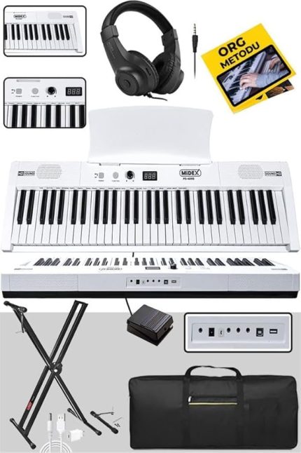 PS4000WH-SET Tuş Hassasiyetli 61 Tuşlu Org Bluetooth USB Midi (Sustain Pedalı Çanta Kulaklık Stand METOD)