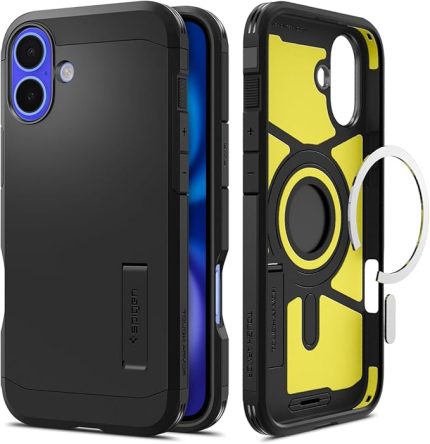 iPhone 16 Plus ile Uyumlu MagSafe Kılıf Tough Armor Mag Fit Stand özellikli Çift Katmanlı Zırh Koruma Siyah Kapak - ACS08085 (Spigen TR Garantili)