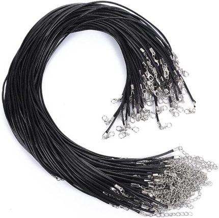 100 adet 2 mm siyah mumlu kolye ipi, deri kayış, kilitli, deri kayış, kolye, ip, kendin yap takı yapma aksesuarı, 45 cm + 5 cm