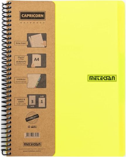 Capricorn Neon Serisi, A4, 6 Konulu (3 Kareli, 3 Çizgili) 180 Yaprak PP Kapaklı Spiralli Defter, Sarı