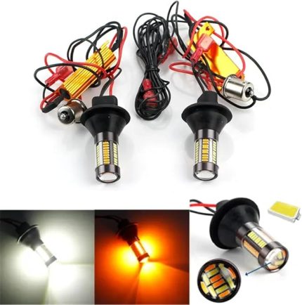 Switch back sinyal lambası, sinyal gündüz farı ikisi bir arada Switch back ampulü, 1156 BA15S P21W 4014 lamba grubu 66 SMD 180 ° beyaz+kehribar