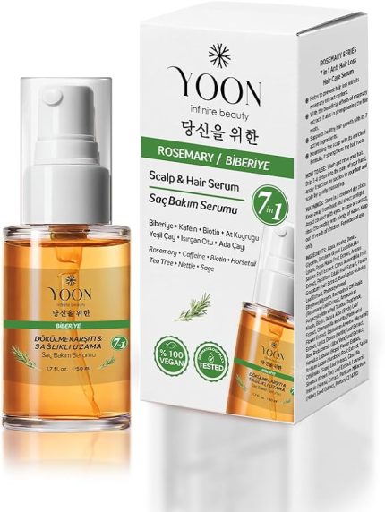 Vegan Biberiye Saç Bakım Serumu - Saç Dökülme Karşıtı, Hızlı Saç Uzatan, Sülfat, Paraben ve Silikon İçermeyen, 7 Doğal Aktif İçerikli, Besleyici ve Güçlendirici Saç ve Saç Derisi Serumu 50ml