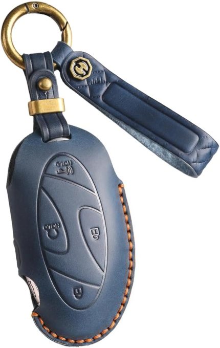 Anahtarlıklı araba anahtarı kılıfı, Hyundai Grandeur Ioniq 6 Kona EV SE Azera Tucson Santa Fe 2023-2025 için uygun koruyucu kılıf anahtar kılıfı gerçek deri anahtar kılıfı 7 tuş mavi