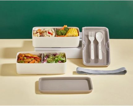 2 Katlı Mikrodalga Uyumlu Yemek Saklama Kabı Beslenme Kutusu Sporcu Öğrenci Okul Işyeri Sefer Tası Bej