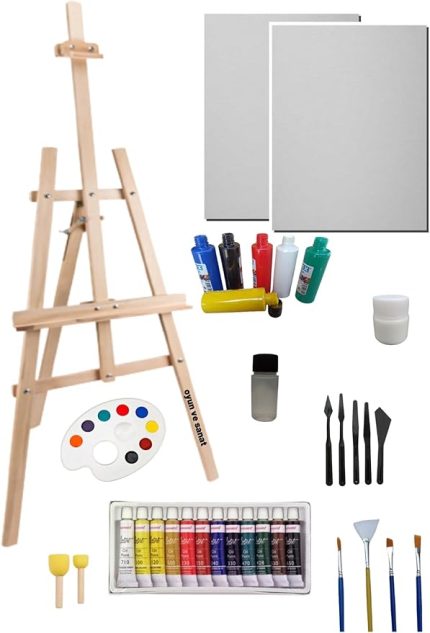 Doğal Seramik Hamuru Resim Başlangıç Seti 2-Şövale (şövalye), Tuval (tual seti), Ressam Akrilik yağlı boya Resim seti