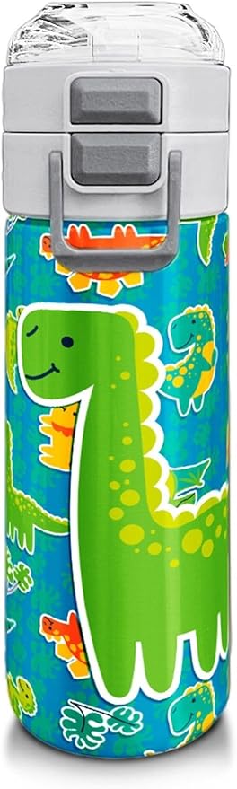 High Erkek Çocuk İçin 500 ml'lik Paslanmaz Çelik Termos/Suluk - Mavi Yeşil Dinozor Desenli