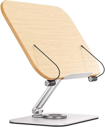 Profesyonel Kitap Okuma Tutucu Ders Çalışma Sunum Standı Kaliteli Karbon Çelik ve Ahşap Malzeme 360 Derece Döner Yüksekliği ve Açısı Ayarlanabilir Tablet Tutucu Kullanım TM13 Açık Kahve