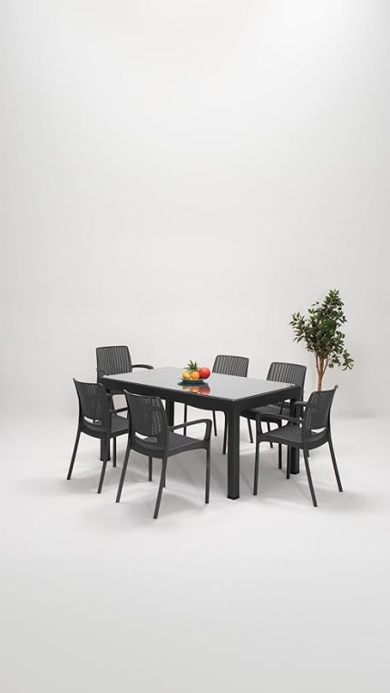 Rattan Lüx Camlı 90x150 Bahçe&Balkon&Teras Masa Seti - Antrasit