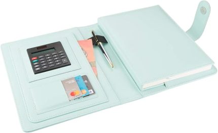 5248 Ajanda Tarihsiz Çizgili 17 x 24 Cm Ajanda/Defter Hesap Makineli Suni Deri Organizer, Su yeşili