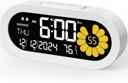 Yatak odası için dijital çalar saat: Çift alarmlı komodin saati, VA LCD ekran, saniye göstergeli, 9 dakikalık erteleme fonksiyonu ve hafta sonu modu, 3 parlaklık kademesi, komodin için 4 alarm