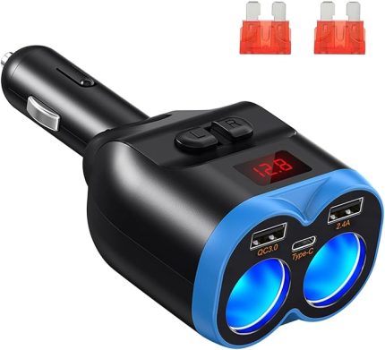 Araç Şarj Cihazı Çakmak Ayırıcı, 12V/24V Araç Cihazları için LED Voltmetreli Çift USB A ve PD USB Soket Ayırıcı