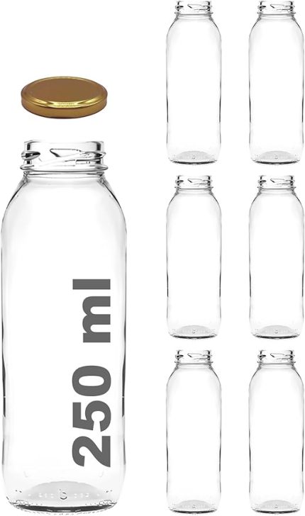 250 ml Metal Kapaklı Meyve Suyu, Meşrubat, Limonata Şişesi 250 cc Cam Şişe 6 Adet (Altın/Gold)