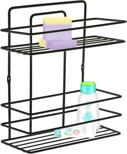 Banyo Ömür Boyu Paslanmaz Yapışkanlı Siyah 2 Katlı Düz Şampuanlık Tş02, Delmeye Son, İster Yapıştır İster Montajla