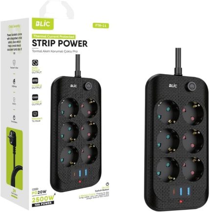 Hoala Termal Akım Korumalı, 6'Lı Priz Soketi, 2x USB Girişli, 1x Type-C Girişi, Çocuk Korumalı Uzatma Kablosu (2mt kablo)