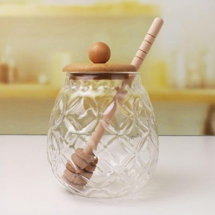 Bambu Kapaklı Cam Bal Kavanozu – 350ml | Kaşıklı & Şık Sunum Kavanozu | Doğal Ahşap Kapaklı Cam Bal Saklama Kabı