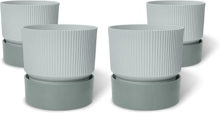 4 Adet Ixora Saksı Dekoratif Tabaklı Drenajlı Çiçek Saksısı (Gri, 2 Litre)