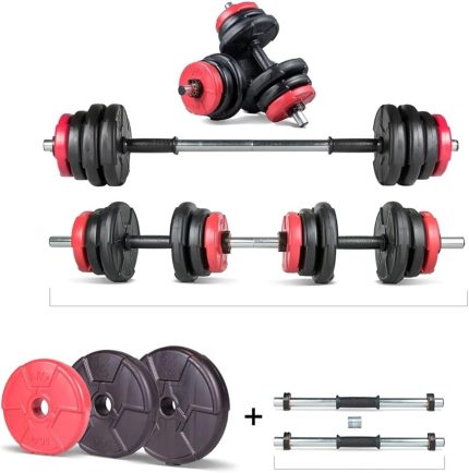 22 KG Multifonksiyonel Kırmızı Siyah Halter Seti ve Dambıl Seti