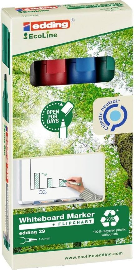29 EcoLine beyaz yazı tahtası kalemi, 4'lü set, karışık renkler, kesik uç, yeniden doldurulabilir