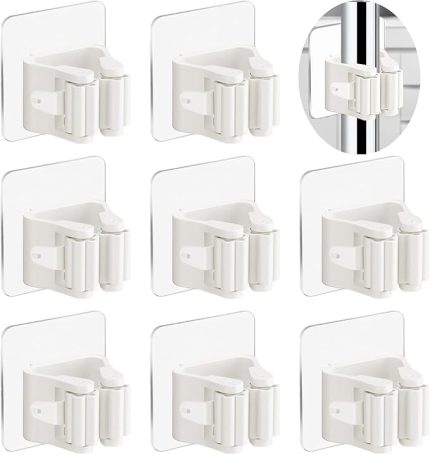 8’li Kendinden Yapışkanlı Süpürge ve Mop Tutucu – Duvara Monte Matkapsız Paspas Askısı, Ev, Mutfak, Bahçe, Garaj ve Depo İçin Duvar Tipi Organizer, Temizlik Gereçleri Düzenleyici