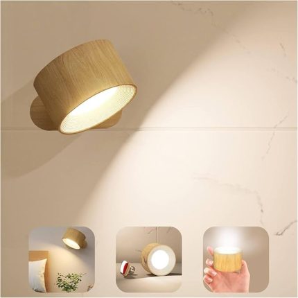 LED Aplikler, Pille Çalışan USB Bağlantı Noktalı Duvara Monte Lambalar 3 Renk Sıcaklığı ve 3 Parlaklık Seviyesi 360° Döndürülebilir Top, Okuma Başucu için Kablosuz Işıklar