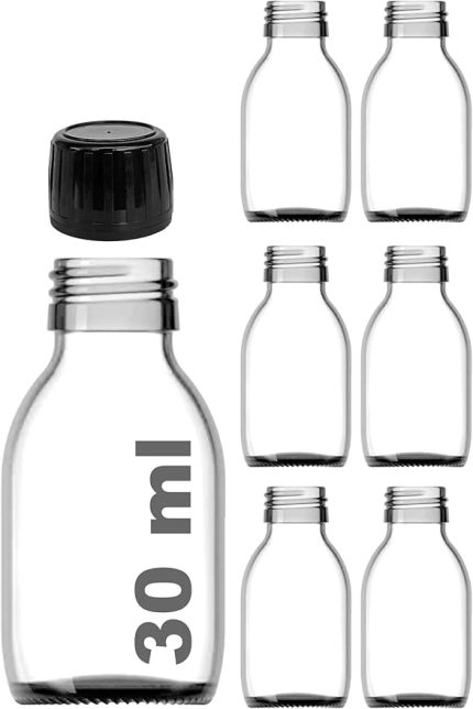 ml Sızdırmaz Kapaklı Şeffaf Shot Şişesi 30 Cc Ginger Şat Beyaz Cam Şişe 6 Adet (Kilitli Plastik Siyah Kapak)