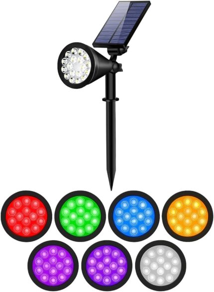 7 Renk RGB 18 LED Spot Güneş Enerjili Bahçe Aydınlatması, Fotoselli, Aplik, 18W, Su Geçirmez Dış Mekan Solar Lamba, Duvar Ve Zemin Montajı (Kırmızı, Yeşil, Mavi, Amber, Mor, Beyaz, Turkuaz)