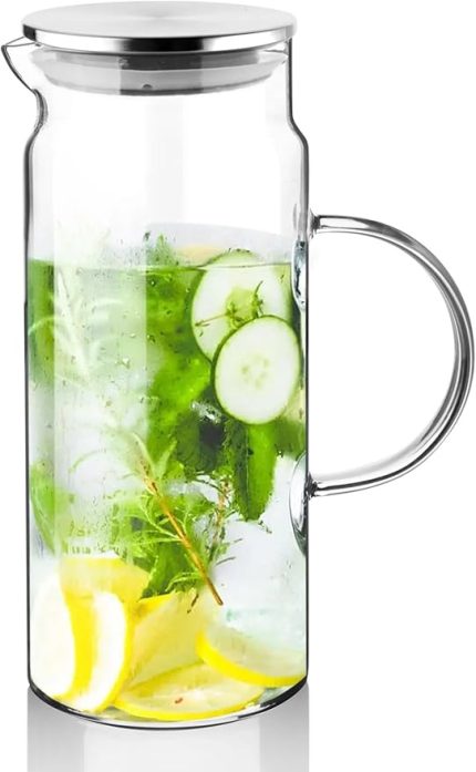 TOPTAN Cam Sürahi Borasilikat Isıya Dayanıklı Metal Kapaklı Isıtılabilir Vakum Kapaklı Cam Karaf Sürahi 1300 ML